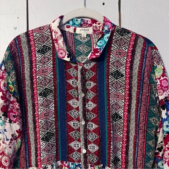 Umgee Multicolor Floral Lightweight 3/4 Sleeve Tunic Top Bohemian Floral Dress M - Picture 3 of 10